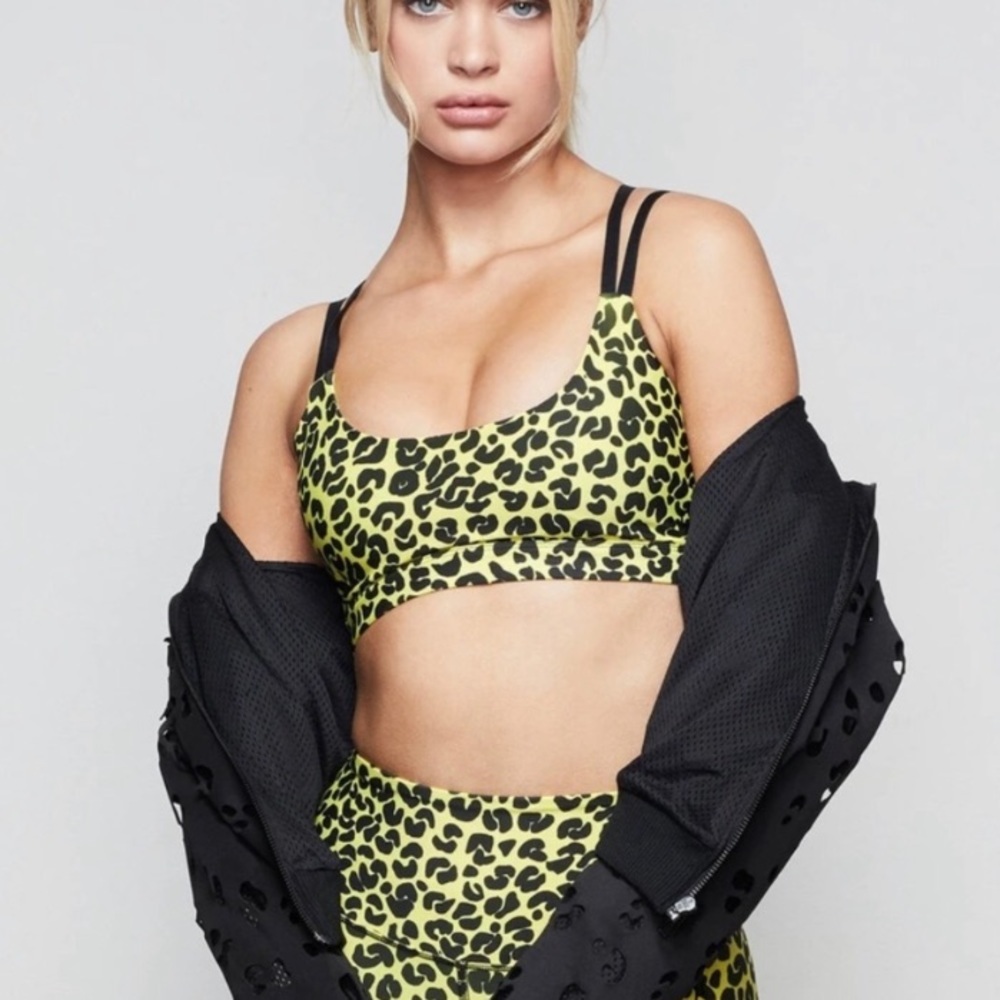 (B29) Good American‎ Sports Bra Yellow Cheetah Animal Print Top Size 0=(XS), NWT